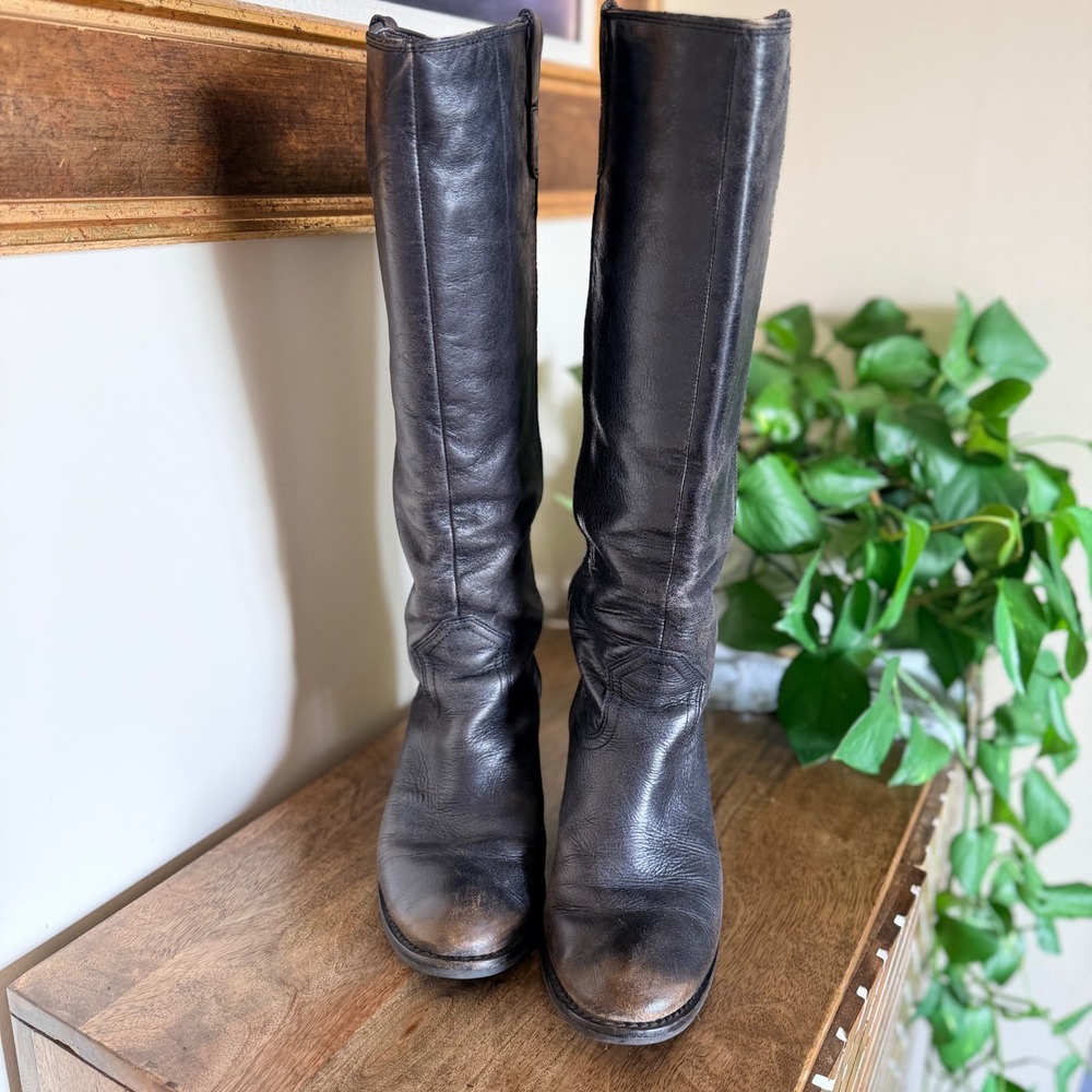 Gianni Bini Tall Boots Size 8.5M Black Leather Western Moto Distressed Toe Pull